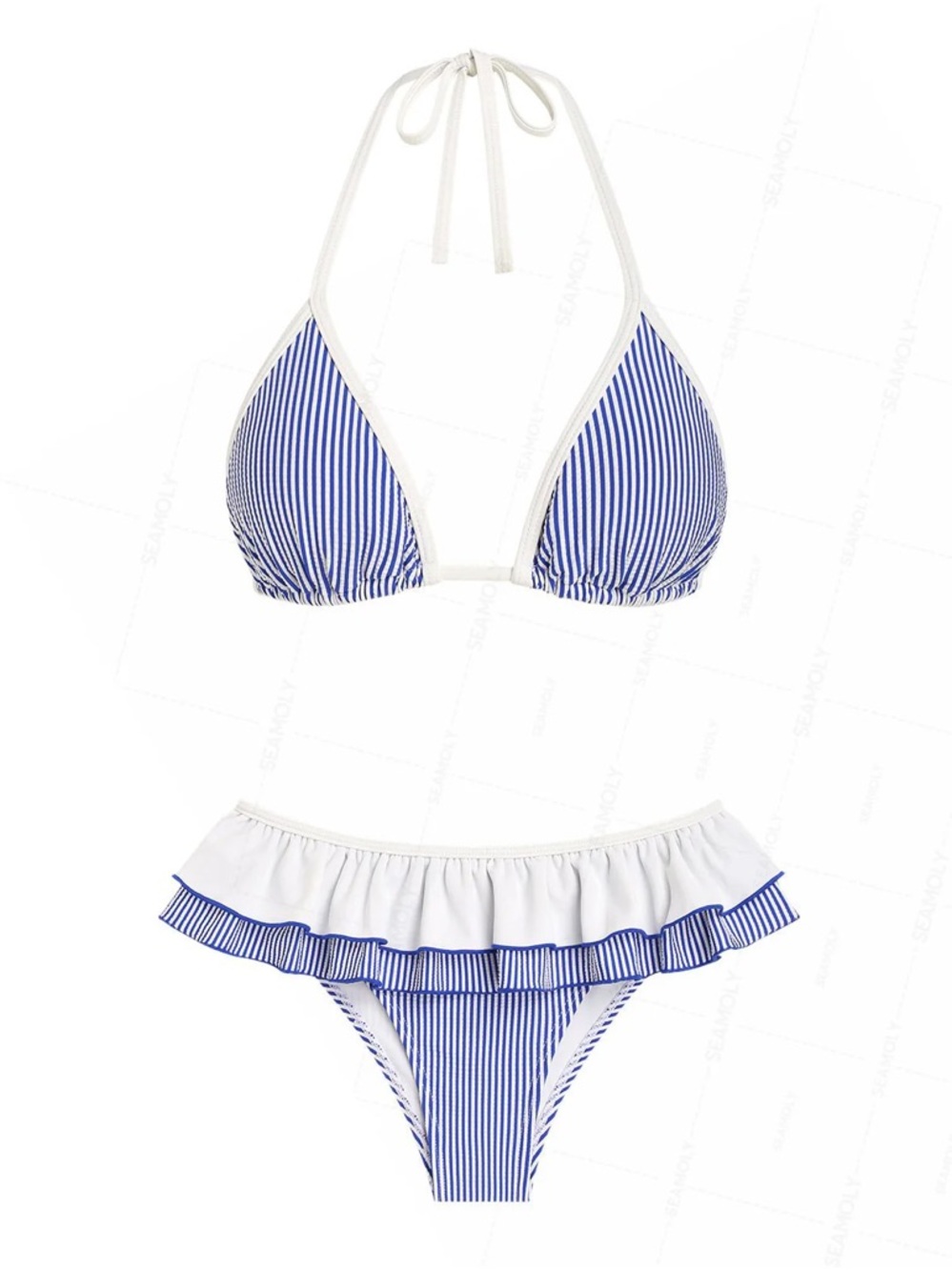 Striped Blue & White Ruffle Peplum Bikini Set - Halter Triangle Top